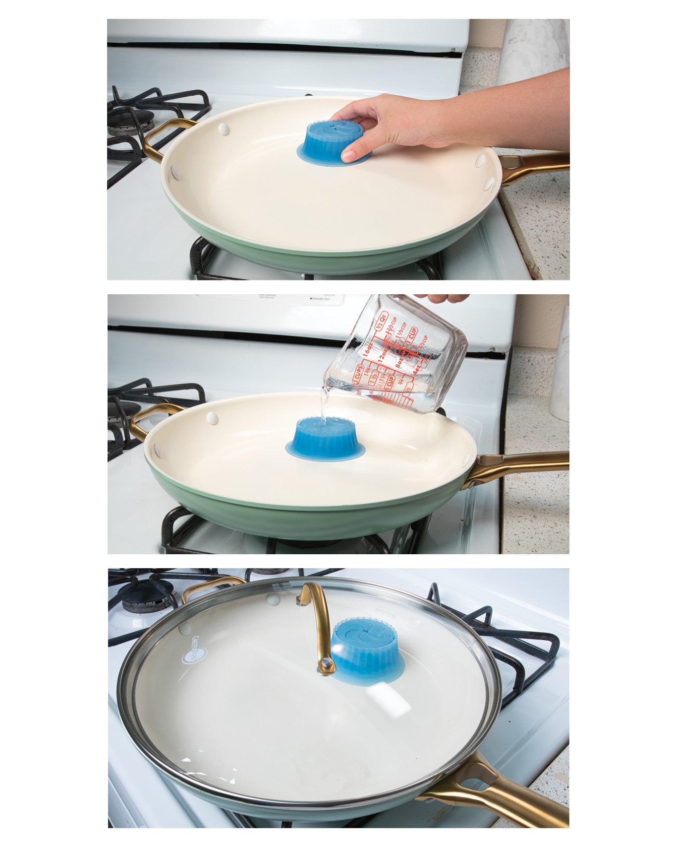 Blue Pacuzzi Skillet Steamer inside pan Press Pour Steam